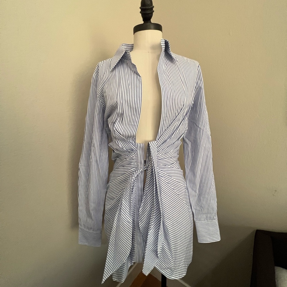 Blue and white stripped mini button down dress